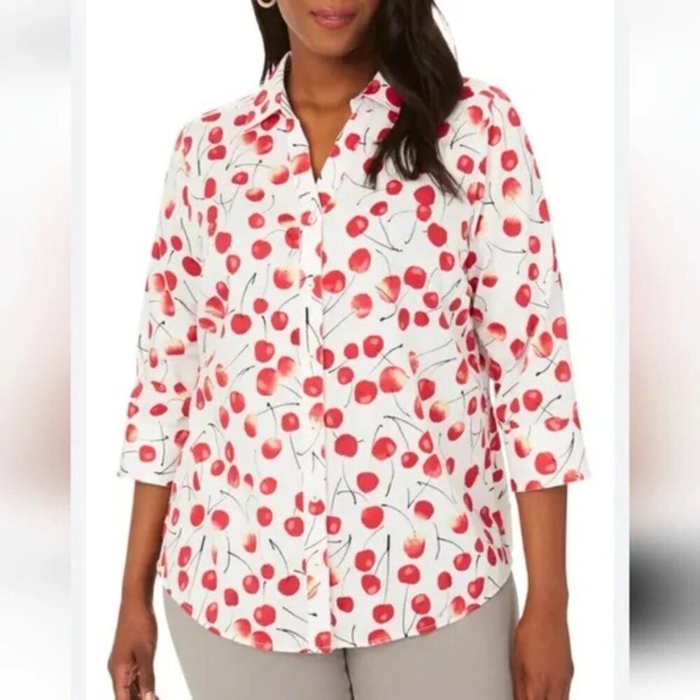 Foxcroft White Button-Down Shirt with Red Cherry Print